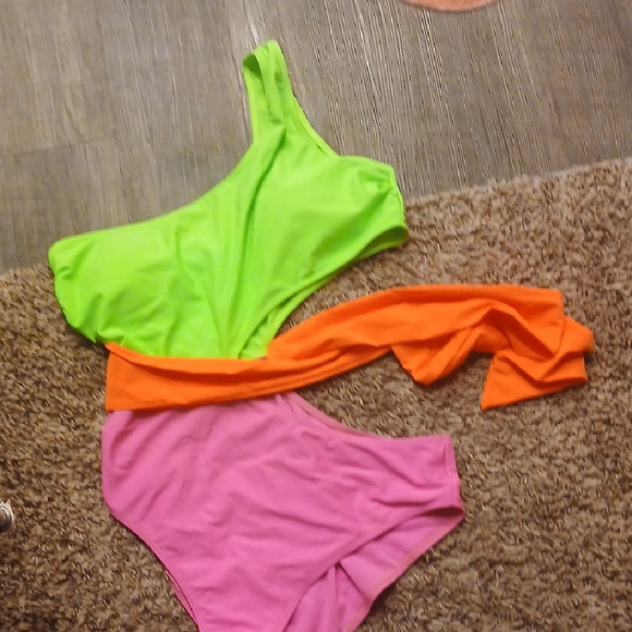 Pink Lily Women's One Piece Swimsuit Set - Neon Green, Orange, and Pink - Picture 3 of 5